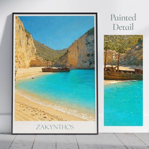 Navagio Beach Travel Poster | Zakynthos Greece Art Print | Shipwreck Beach Painted Wall Art & Home Decor | Vacation Gift