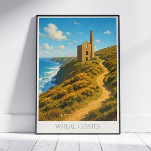 Poster di viaggio di Wheal Coates, Cornovaglia / Stampa artistica dell'iconica Mine Engine House / Decorazione murale costiera inglese / Regalo con paesaggio dipinto