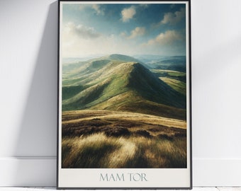 Peak District Travel Print, Mam Tor ~ Travel Poster | Painted Wall Art & Home Decor | Framed Personalized Print | Vacation Travel Gift