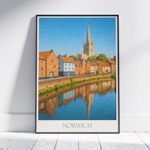 Poster turistico di Norwich, stampa artistica di paesaggio urbano / arredamento per la casa nel Regno Unito e in Inghilterra / arte murale del fiume Wensum con cattedrale