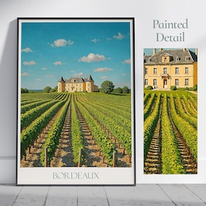Poster di viaggio di Bordeaux, vigneto e castello ~ Stampa artistica da parete della Francia / Decorazione della regione vinicola francese, regalo