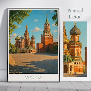 Moscow Travel Poster, Red Square | St. Basil&#39;s Cathedral Painted Wall Art Print | Iconic Russian Home Decor & Vacation Gift