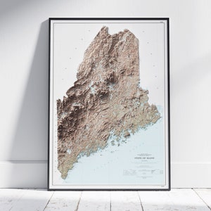 Maine, ME Map ~ Flache 2D Vintage Reliefkarte ~ Poster Wand Kunst Topographisch