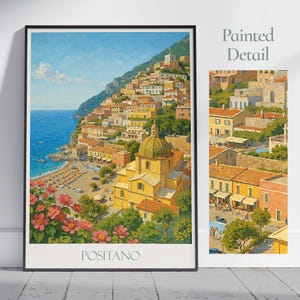 Positano Travel Poster, Amalfi Coast Italy Art Print | Vibrant Mediterranean Wall Decor | Framed Coastal Village Art