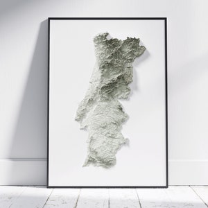 Carte du Portugal ~ impression topographique minimaliste 2D plate ~ affiche en relief ombragé art mural décoration moderne
