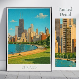 Poster turistico di Chicago, John Hancock Center ~ Stampa artistica da parete dipinta dell'Illinois / Decorazione per la casa / Stampa personalizzata con cornice / Regalo per viaggi di vacanza