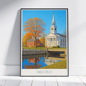 Poster di viaggio di Milford / Stampa artistica autunnale del New England / Decorazione classica per chiese e fogliame autunnale