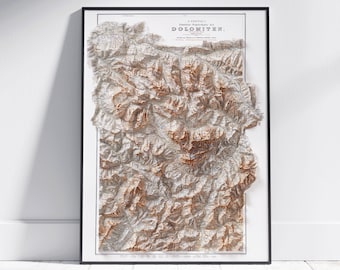 Mappa vintage in rilievo ombreggiato delle Dolomiti Stampa piatta 2D ~ Topografia per decorazioni artistiche da parete per poster