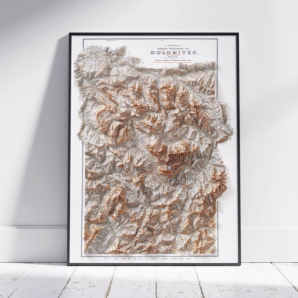Mappa vintage in rilievo ombreggiato delle Dolomiti Stampa piatta 2D ~ Topografia per decorazioni artistiche da parete per poster