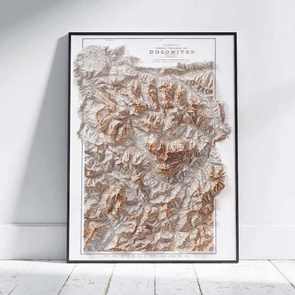 Dolomites Vintage Shaded Map Flat 2D Print ~ Poster Wall Art Decor Topography