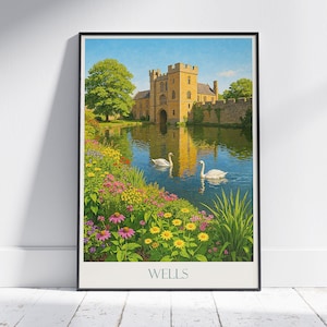 Wells Bischofs Palace Reise Poster, England Moated Castle Kunstdruck | Somerset Geschichte Wanddekor | Ruhige Palastlandschaft