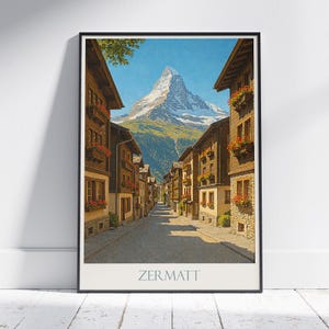 Zermatt Travel Poster, Matterhorn Switzerland Painted Wall Art Print | Alpine Home Decor | Switzerland Vacation Gift