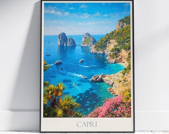Cartaz de viagem de Capri, Itália: impressão artística costeira do Mediterrâneo