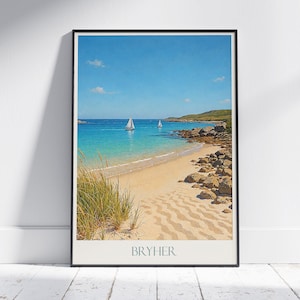 Póster de viaje de Bryher, arte playero de las Islas Sorlingas, decoración de pared costera serena, impresión de velero y regalo para el hogar