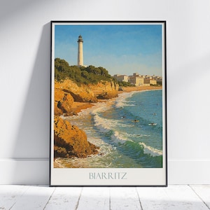 Póster de viaje de Biarritz / Impresión artística de faro y playa de surf / Decoración costera francesa / Regalo de vacaciones de estilo vintage