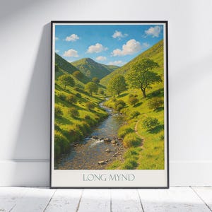 Póster de viaje de Long Mynd, arte del tranquilo valle de Shropshire, impresión de paisajes ingleses y decoración de pared natural, regalo de senderismo en el Reino Unido