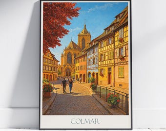 Colmar Travel Poster | Colorful Alsace Street Art Print | France Wall Decor | European Cityscape Painting