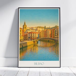 Póster de viaje de Bilbao, escena ribereña ~ Arte urbano español / Decoración de pared del País Vasco / Impresión de estilo vintage