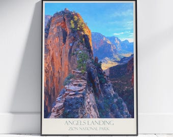 May include: A scenic photograph of Angels Landing in Zion National Park. The image shows a narrow, winding trail carved into the side of a steep cliff, with a panoramic view of the canyon below. The sky is a vibrant blue, with fluffy white clouds.