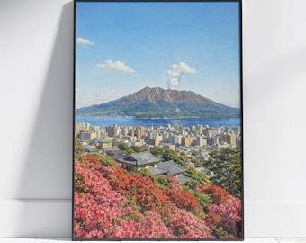 桜島山旅行プリント - 桜島山ポスター、日本の壁アート、額入り