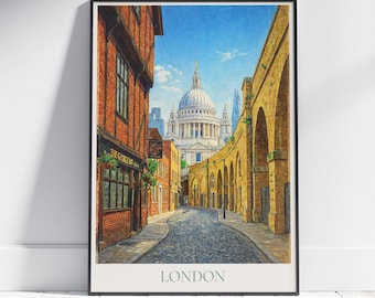ロンドン（イギリス）旅行ポスター：セント・ポール大聖堂とジョージ・インの絵画プリント