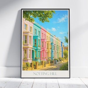 Notting Hill Travel Poster, Colorful London Homes Art Print ~ Vibrant Cityscape Wall Art | UK Vacation Gift