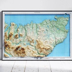 Caithness, Schottland ~ Flache 2D Reliefkarte Vintage Atlas Stil Druck Poster Wandkunst Dekor
