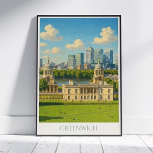 Greenwich London Travel Poster, Old Royal Naval College & Skyline Art Print | UK Cityscape Wall Art | Fine Art Style