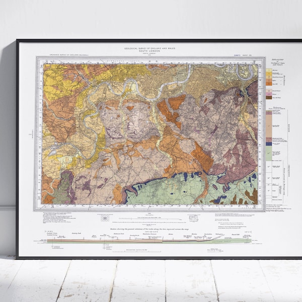 South London Vintage Geological Map Print ~ Poster Wall Art Decor
