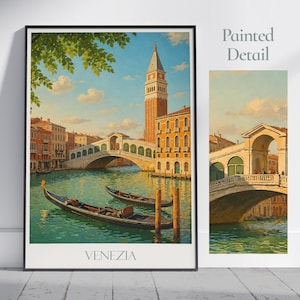 Venice Travel Poster | Rialto Bridge & Grand Canal Italy Art Print | Painted Wall Art | Home Decor | Vacation Gift