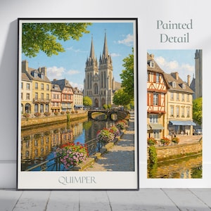 Cartaz de viagem de Quimper ~ Bretanha, França, impressão de arte de parede pintada | Catedral de Saint-Corentin, decoração para casa | Presente de viagem