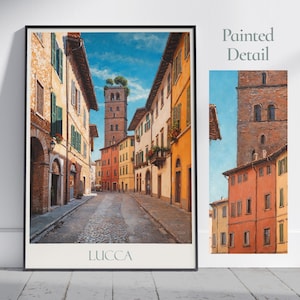 Stampa di viaggio di Lucca ~ Poster di viaggio in Italia / Arte murale dipinta e arredamento per la casa / Stampa personalizzata con cornice / Regalo di viaggio per le vacanze