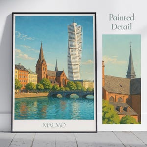 Affiche de voyage Malmö Suède | Torse tournant ~ impression d'art mural peint église Saint-Pierre | Décoration d'intérieur urbaine moderne | Cadeau d'art scandinave
