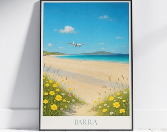 Barra Beach Airport-reisposter: luchtvaartkunst op Schotse eilanden