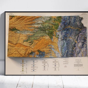 Kansas Vintage Geologische Karte Shaded Relief Flat 2D Print ~ Poster Wand Kunst Dekor Topographie