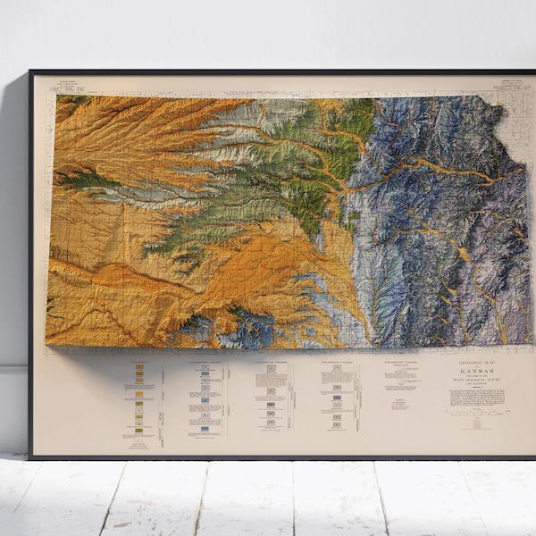 Kansas Vintage Geological Map Sombreado Relieve Plano 2D Impresión ~ Cartel Pared Arte Decoración Topografía