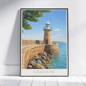 Folkestone Lighthouse Print: Kent Coast Travel Poster, UK Seascape