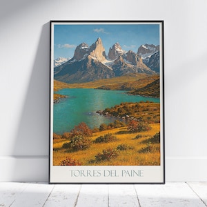 Torres del Paine Travel Poster, Patagonia Chile | Majestic Mountain Landscape Art Print | Lake Wall Decor | Nature Lover Gift