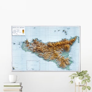 Sicile, Italie ~ carte en relief ombragé 2D vintage Style Atlas impression affiche murale Art déco