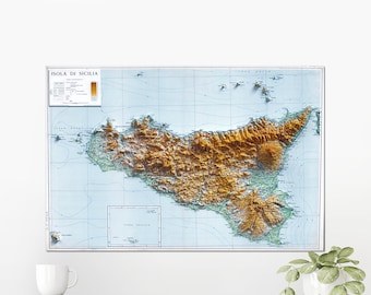May include: A vintage map of the island of Sicily, Italy. The map is printed on a light blue background with brown and green topographical lines. The map is titled "Isola di Sicilia" in the upper left corner.