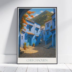 Poster di viaggio di Chefchaouen / Stampa artistica da parete della città blu del Marocco / Decorazione vivace per la casa / Regalo per il Nord Africa