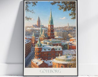 スウェーデン、ヨーテボリの旅行ポスター：スカンセン・クローナン・ハーガ地区の絵画プリント