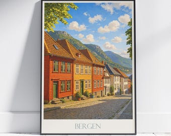 Bergen Norway Travel Poster: Painted Scandinavian Home Decor Print