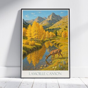 Reseaffisch med Lamoille Canyon i Nevada: Höstlig asp och hjortkonsttryck