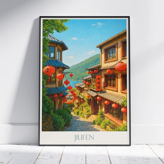 九份台湾旅行ポスター｜手描き山村アートプリント｜アジアンランタン壁