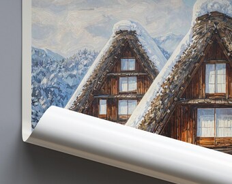 白川郷の旅行ポスター：雪景色の合掌造りの村を描いた絵画プリント