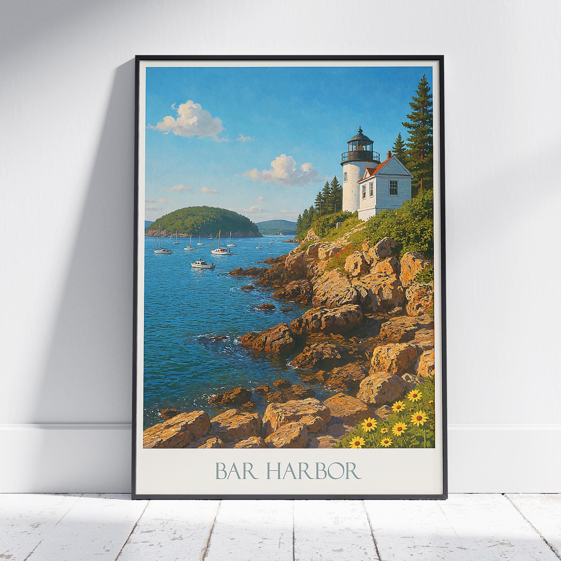 Bar Harbor Maine Travel Print | Bass Harbor Head Light Poster | Coastal Wall Art & Home Decor | Acadia Park Gift