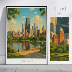 Poster turistico di Chicago, vista del paesaggio urbano ~ Stampa artistica da parete dipinta dell'Illinois / Decorazione per la casa / Regalo personalizzato per le vacanze