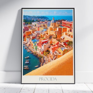 May include: A colorful aerial view of the town of Procida, Italy. The town is built on a hillside and features a mix of yellow, orange, red, and blue buildings. There are boats in the water below the town.