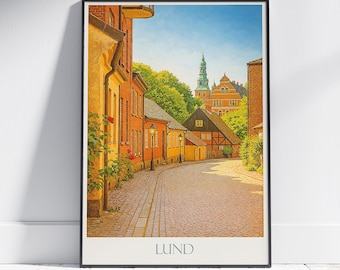 Lund Sweden Travel Poster: Vintage Cobblestone Street Art Print